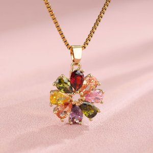 3/$35 18K Gold Plated Cubic Zirconia Flower Pendant Chain Necklace Steel